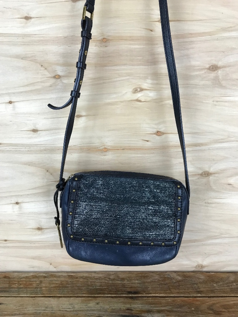 FOSSIL Aria Crossbody Purse Navy Blue Leather Studded Small Shoulder‎ Bag READ